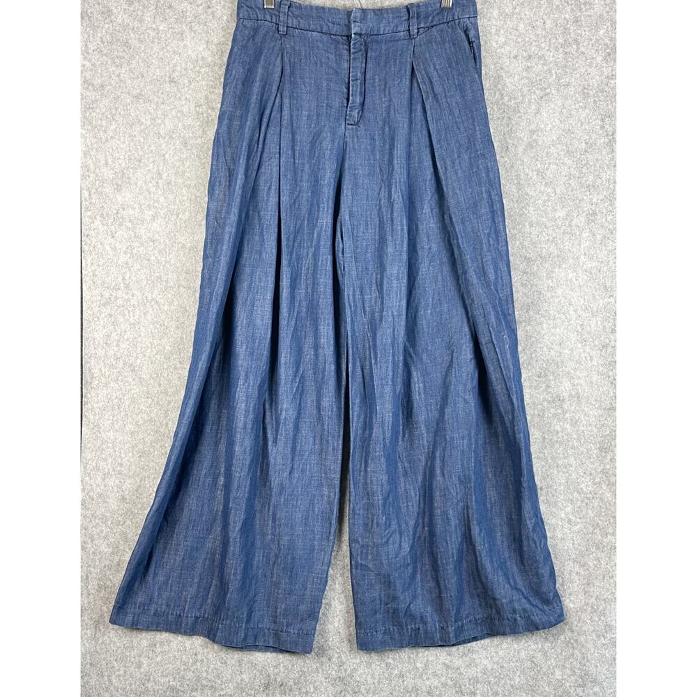 Kiind Of Tiegs Pants Womens 10 Blue Wide Leg Chambray Pleated Boho Retro 60s 70s